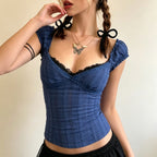 Lace Stitching Collar Solid Color Summer Outer Wear Thin Niche Design Casual Short Sleeve T shirt Top LingSharp