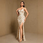 Spring Summer V neck Sling Backless High Slit Back Strap Evening Dress Party Dress HENGACHI