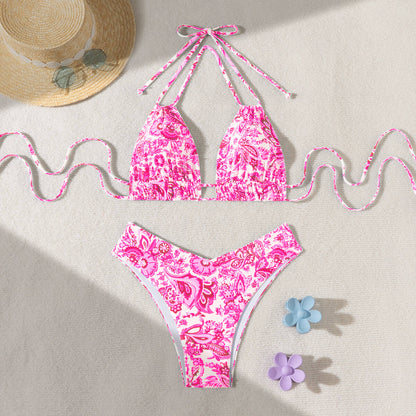 Bikini sexy con parte superior tipo V y cordones ajustables de color liso