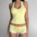 Sexy Vest Lace Shorts Two Piece Sets Women Clothing Spring Summer Zoyun
