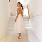 Vestido de primavera-verano con cuello alto, espalda descubierta y malla halter para mujer