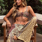 Retro Printed Tube Top Lace up Cutout High Slit Bikini Sexy Split Swimsuit Women Thunder