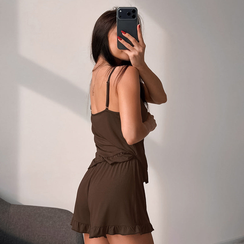 Knitted Modal Vest Top Wooden Ear Shorts Two Piece Soft Pajamas Home Wear Meiyas