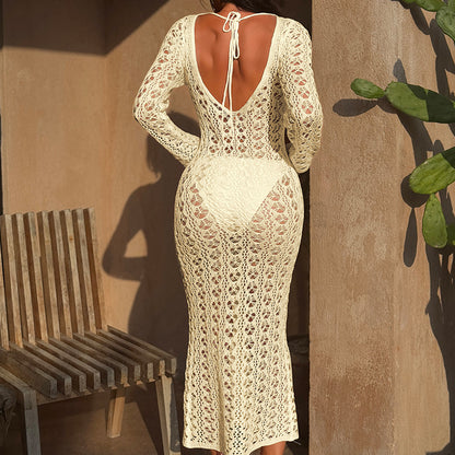 Blusa sexy de punto con aberturas y tirantes de aro metálico, sin espalda, para vacaciones en la playa, con protección solar, Hanfu, túnica larga
