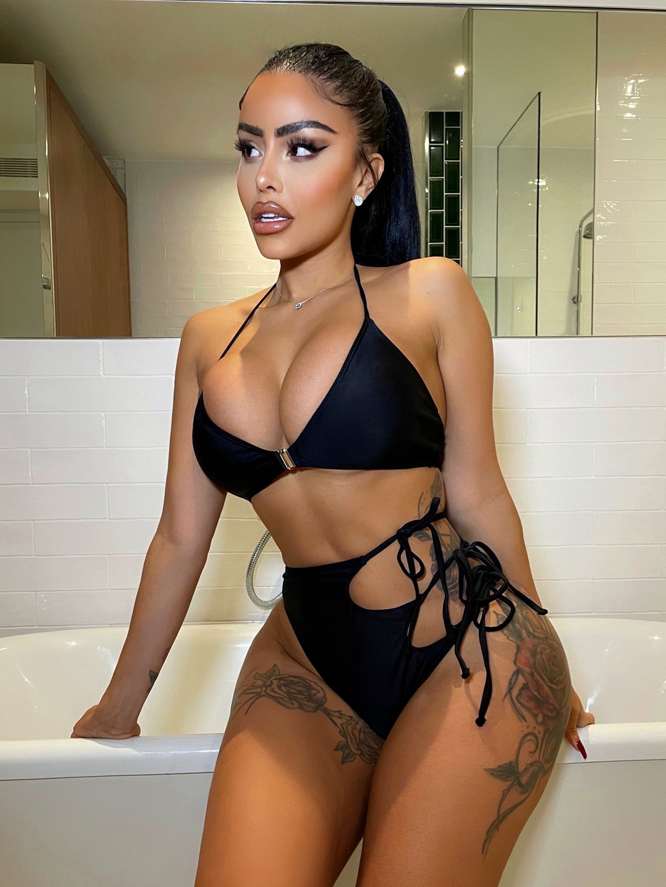 Bikini de color sólido sexy para mujer, traje de baño dividido, traje de baño triangular con bolsa