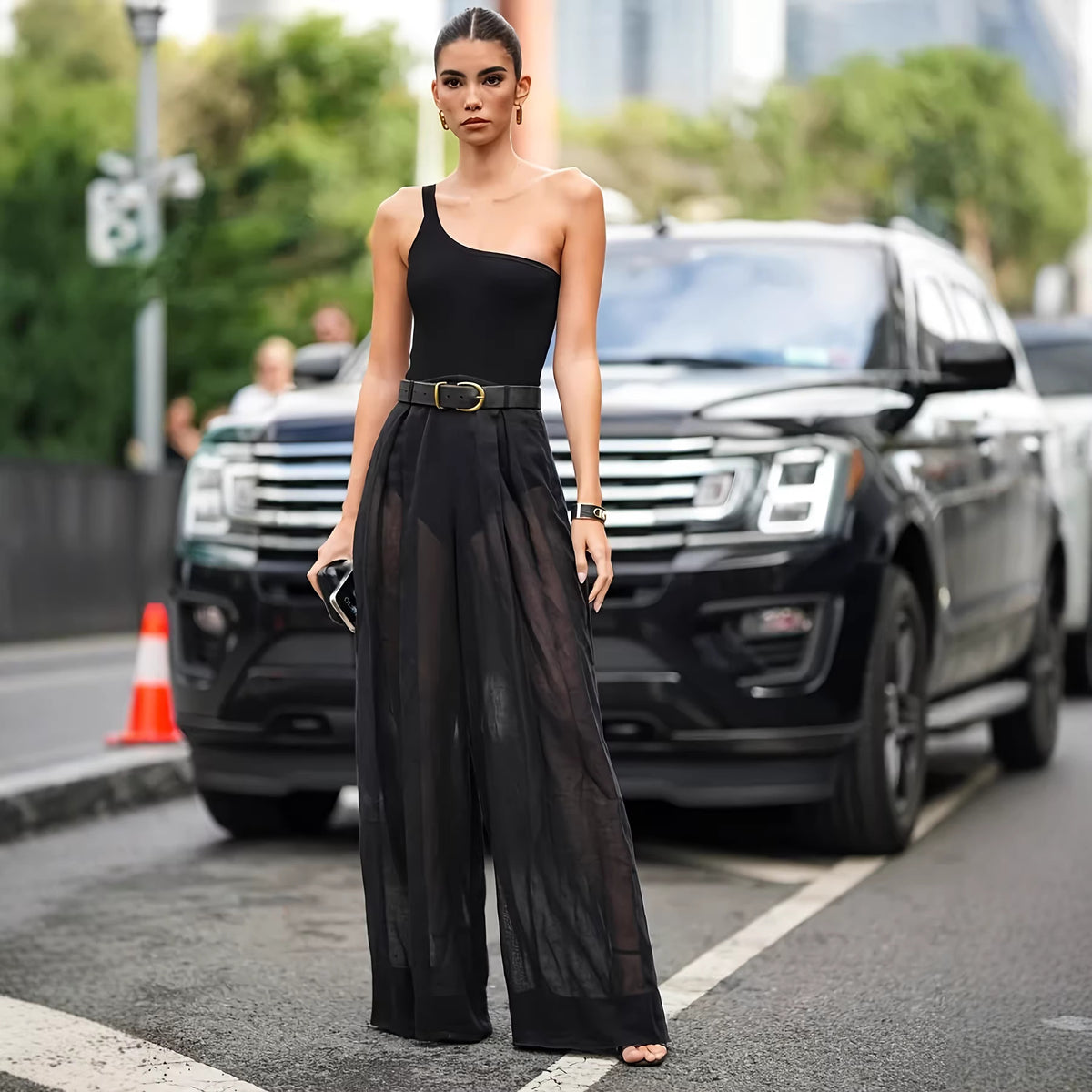 Sexy Irregular Asymmetric Shoulder Design Jumpsuit See through High Waist Wide Leg Pants Venly