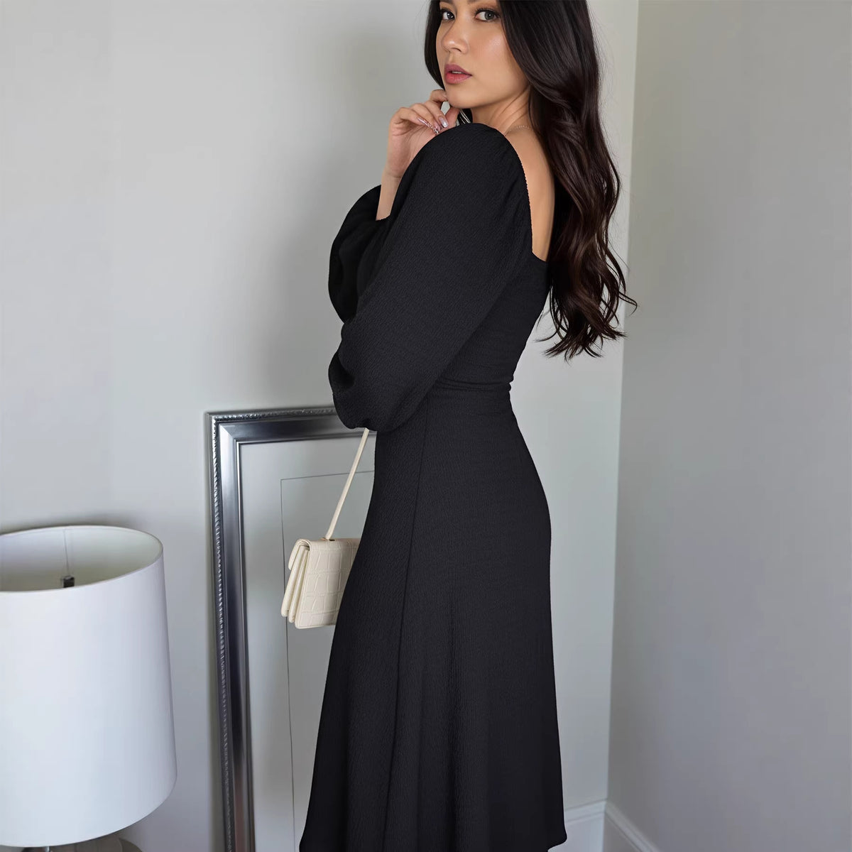 Women Clothing Spring Summer Solid Color Square Collar Bust Cross Strap Neck Slim Dress George