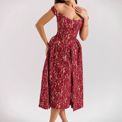 Spring Summer Women Clothing Fashionable off Shoulder Backless Slim Fit Waist Trimming Printing Dress Women