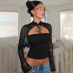 Sexy Summer Solid Color Long Sleeve Lace Stitching Chest Slimming Cropped Outfit Top T shirt for Women LEKINS
