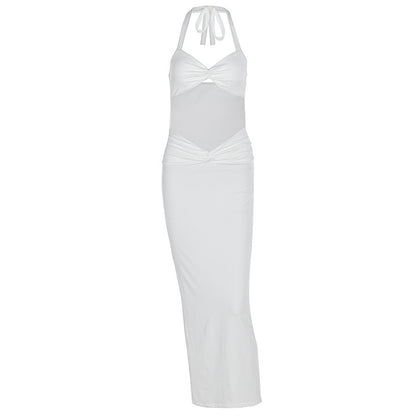 Summer Sexy Solid Color Halter Hollow Out Cutout Sleeveless Slim Fit Hip Dress