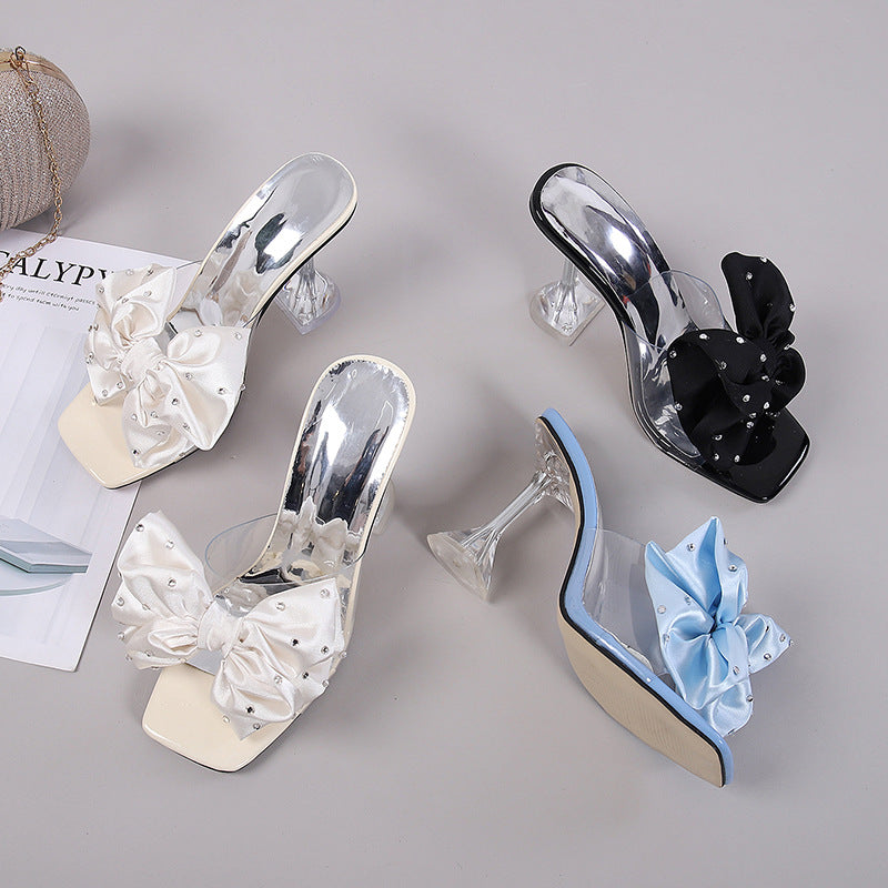 Summer Fairy Transparent Ankle Strap Sexy Open Toe Stiletto Heel Slippers Rhinestone Outdoor Cocktail Wine Glass Heel Yuanna