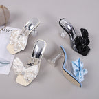 Summer Fairy Transparent Ankle Strap Sexy Open Toe Stiletto Heel Slippers Rhinestone Outdoor Cocktail Wine Glass Heel Yuanna