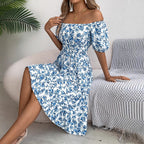 Spring Summer Floral Square Collar Short Sleeve Waist Controlled Ruffled A line Women Clothing BAGIISA