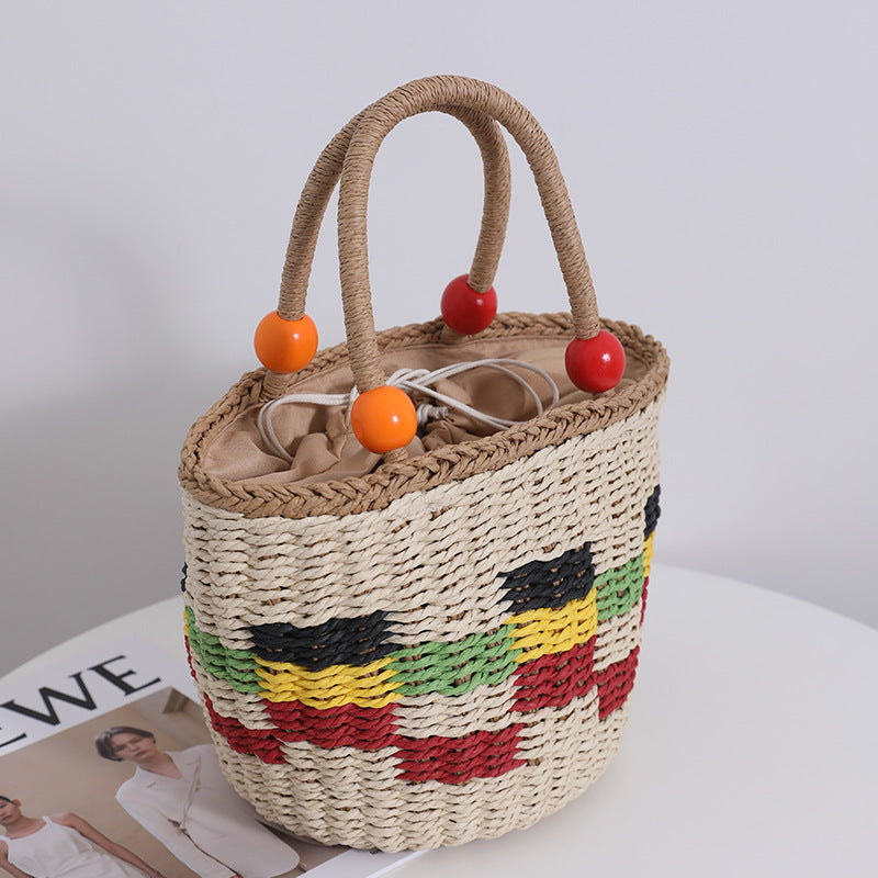 Cute Wooden Bead Portable Straw Weaved Bag Fresh Color Plaid Hand Carrying Woven Bag Fruit Picnic Basket Beach Bag EaseWoven