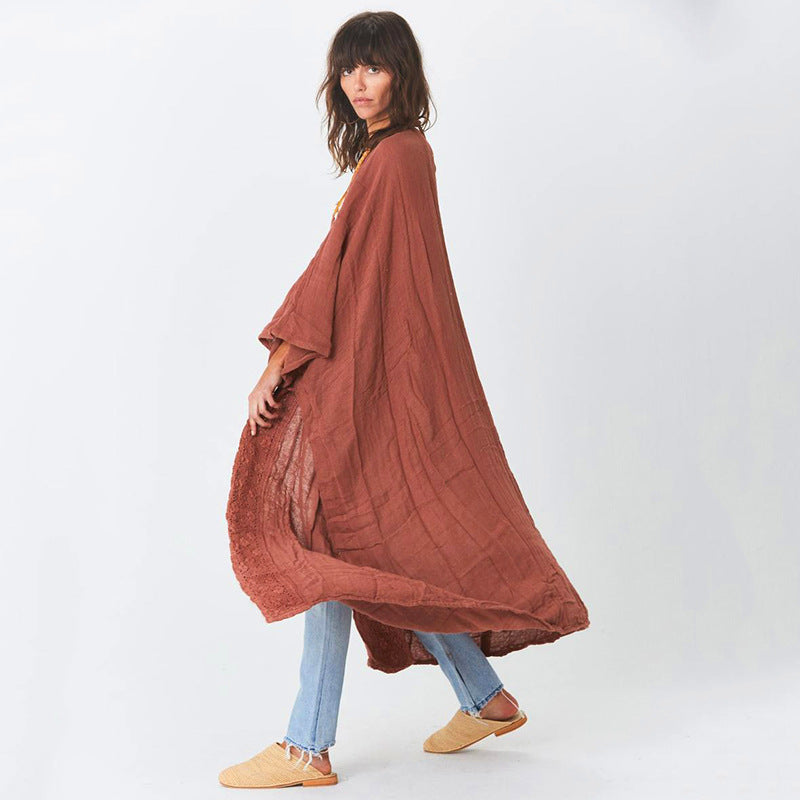 Rust Red Lace Cardigan Loose Beach Sun Protection Coat Beach Cover Up Swimsuit Outwear Women EvenStar