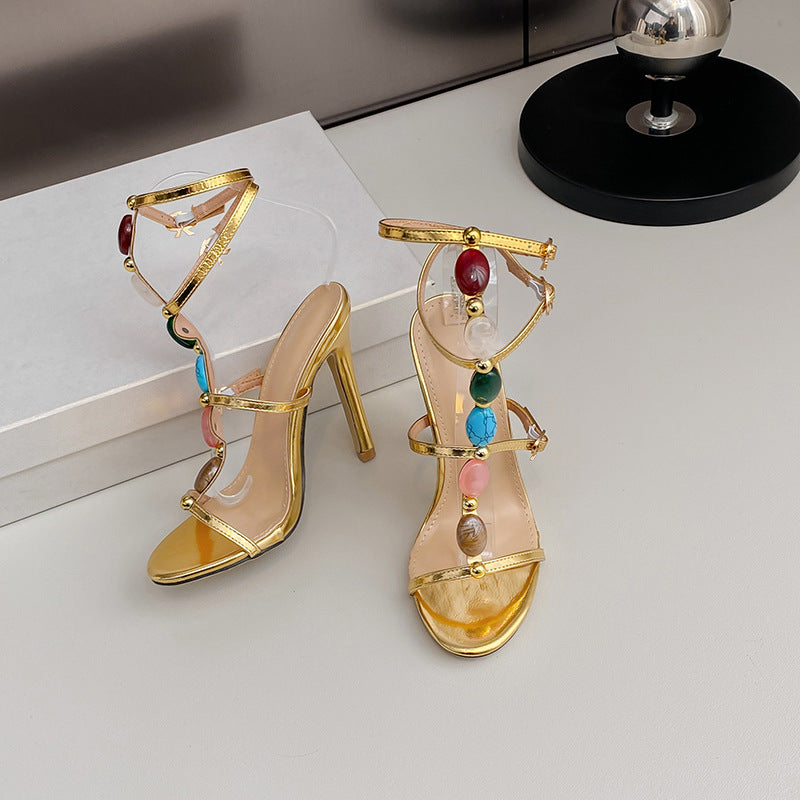 Summer 11cm Stiletto Heels Pearl Open Toe Ankle Strap Buckle Sandals Women Sexy MerryHue