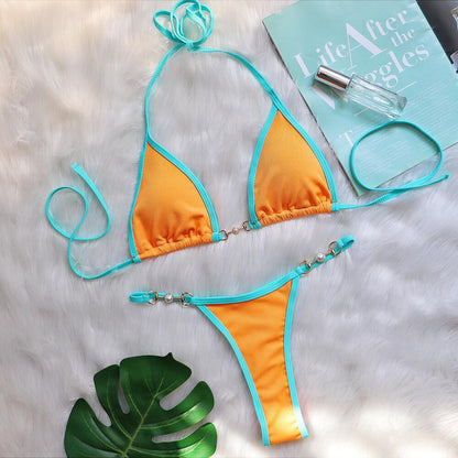 Bikini sexy con parches de metal y accesorios de perlas para mujer, traje de baño dividido para vacaciones