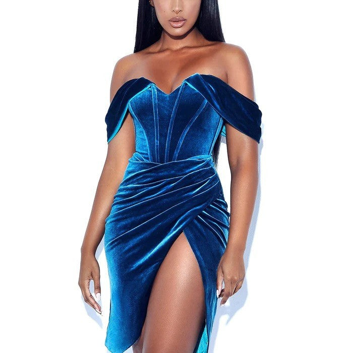 Off Shoulder Korean Velvet Boning Corset Dress Split Evening Dress Women Sexy CHARM