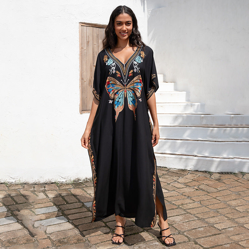 Rayon Embroidered Vacation Loose Beach Maxi Dress Women Beach Cover Up Sun Protective Clothing EvenStar