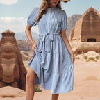 Summer Stand Collar Pleated Mid Length Short Sleeve Office Lace up Dress Jeme