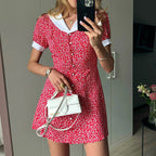 Elegant French Print Short Dress Women Polo Collar Short Sleeve Waist Controlled Floral Dress Kigali