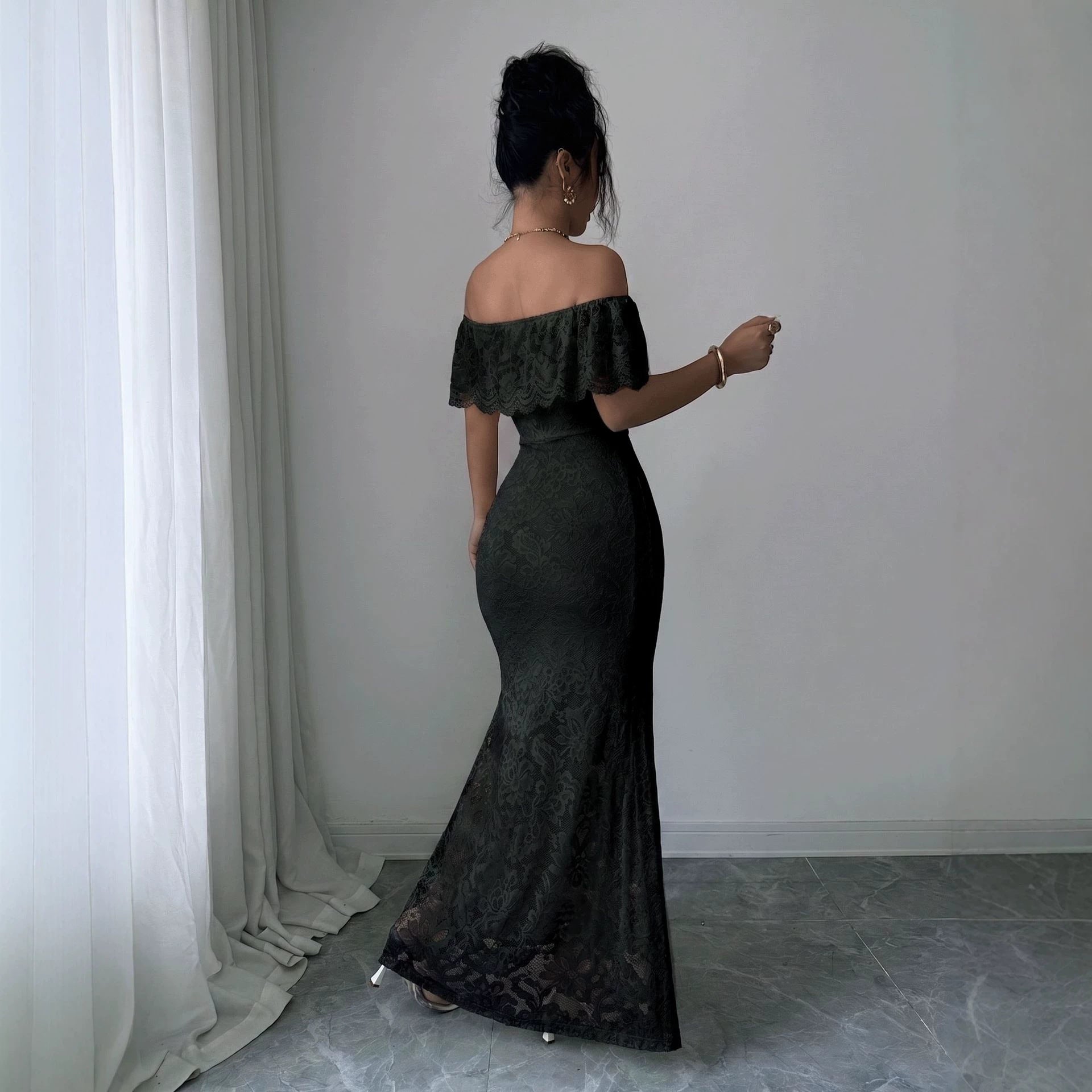 Autumn Elegant off Shoulder Ruffled Lace Patchwork Maxi Dress Vivish