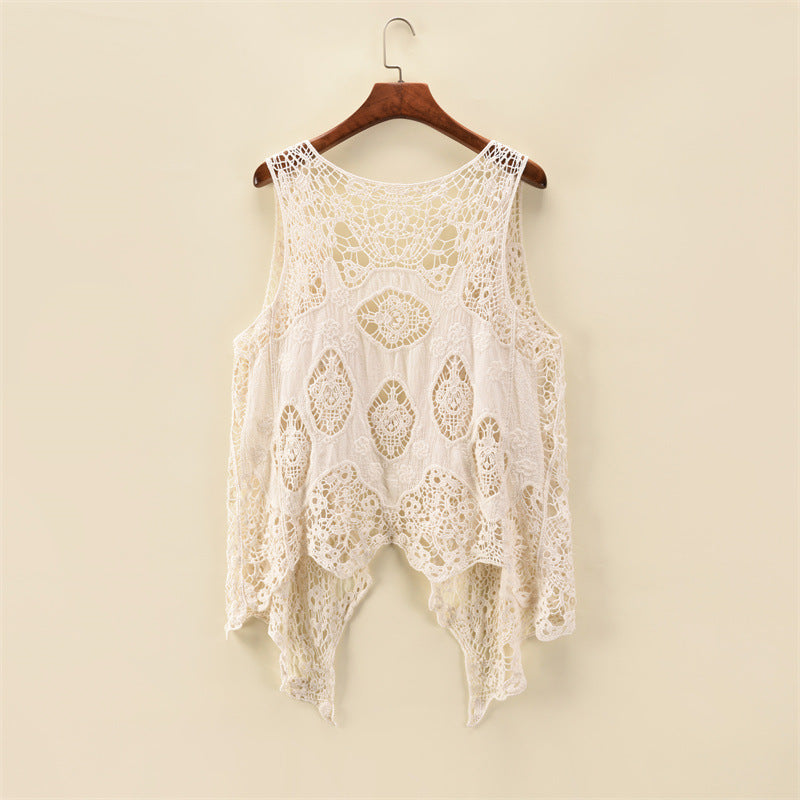 Women Summer Coat Thin Coat Sleeveless Lace Cardigan All Match Shawl Beachwear Sun Protection Clothing Women Hollow Out Cutout Shirt YTCYZ
