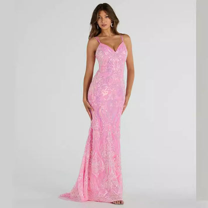 Lace up Mermaid Sequ Pink Dress Spring Summer Vacation Casual Dress