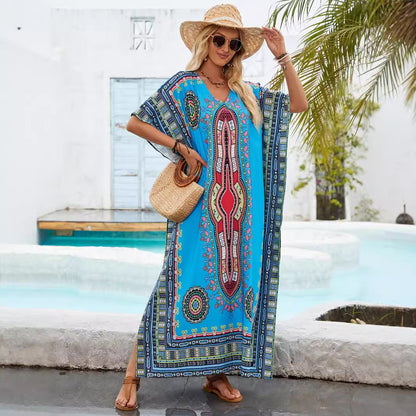 Positioning Floral Djellaba Beach Vacation Loose Bikini Sun Protection Blouse Dress