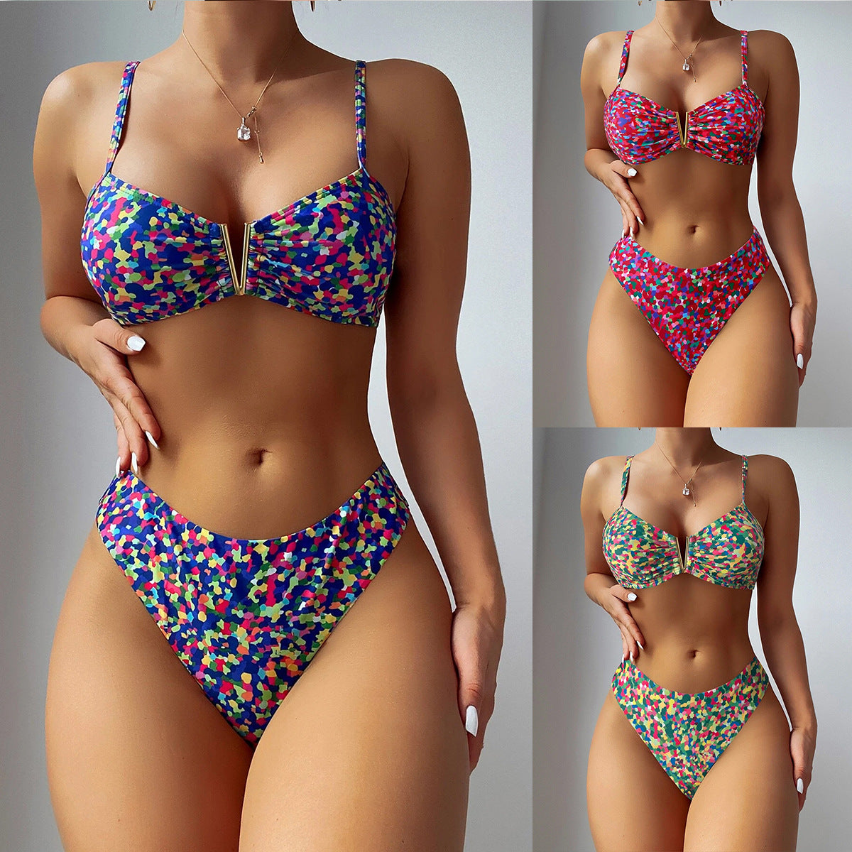 Traje de baño para mujer, traje de baño dividido de dos piezas, bikini estampado de metal en forma de U, bikini, traje de baño
