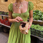Vestido de verano sexy de manga corta abullonada con cuello cuadrado y espalda descubierta para mujer, falda larga de verano, vestido de ambiente costero.