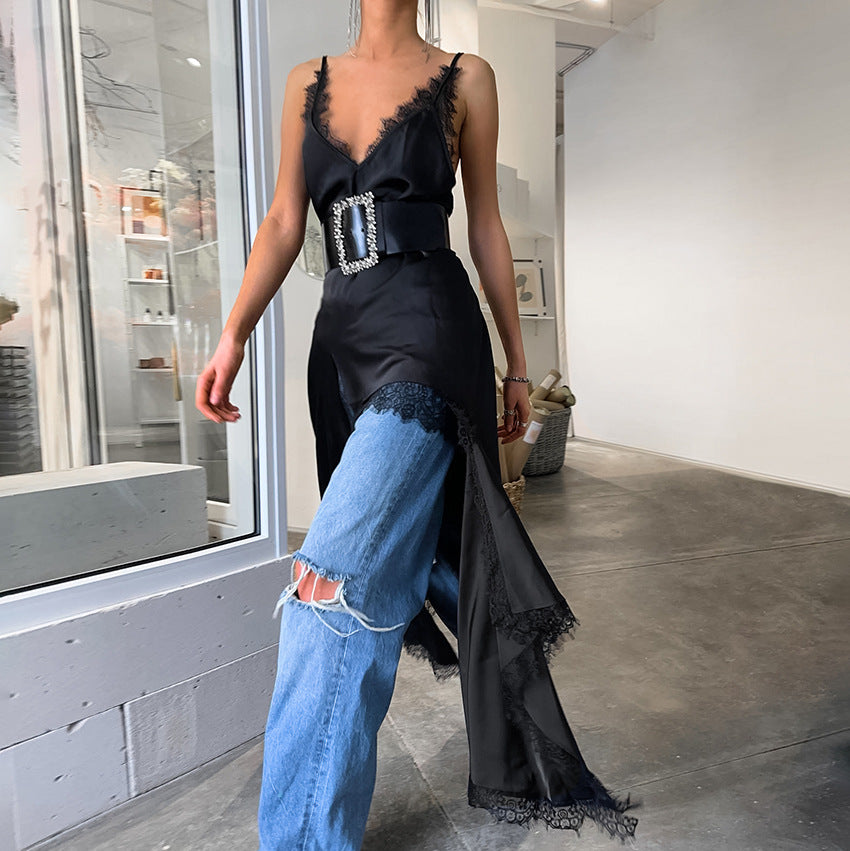Summer Sexy Design Lace V Neck Strap Black Mysterious Dress Russian Slit Dress Women Clothing FOREVEREIGHTEEN