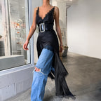 Summer Sexy Design Lace V Neck Strap Black Mysterious Dress Russian Slit Dress Women Clothing FOREVEREIGHTEEN