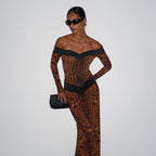 Fall Women Clothing Sexy off the Shoulder Hollow Out Cutout Backless Leopard Print Slim Fit Long Sleeved Dress Dores