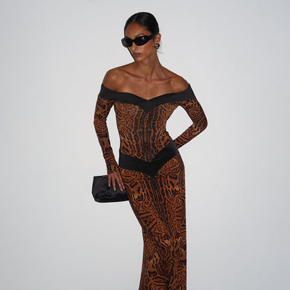 Fall Women Clothing Sexy off the Shoulder Hollow Out Cutout Backless Leopard Print Slim Fit Long Sleeved Dress Dores
