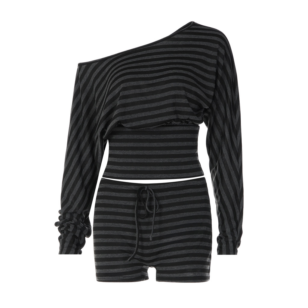 Women Clothing Summer Oblique Shoulder Long Sleeve T shirt Slim Shorts Striped Casual Two Piece Set LEKINS