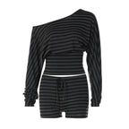 Women Clothing Summer Oblique Shoulder Long Sleeve T shirt Slim Shorts Striped Casual Two Piece Set LEKINS