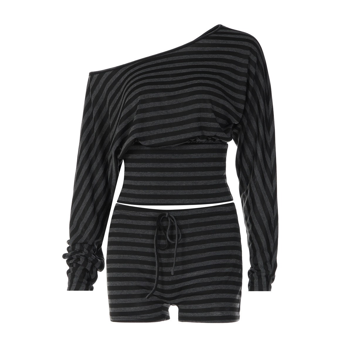 Women Clothing Summer Oblique Shoulder Long Sleeve T shirt Slim Shorts Striped Casual Two Piece Set LEKINS