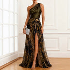 Autumn Party Printed Dress Casual Fashionable with Side Slit Sloping Shoulder Dress Oyrina