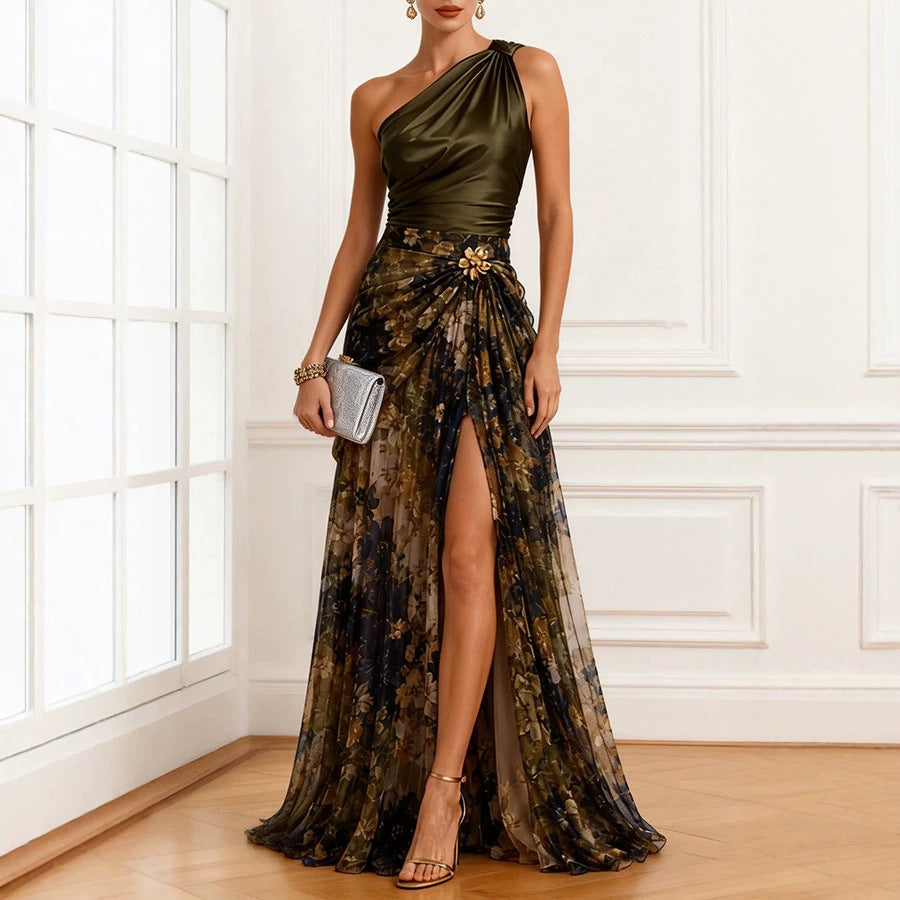 Autumn Party Printed Dress Casual Fashionable with Side Slit Sloping Shoulder Dress Oyrina