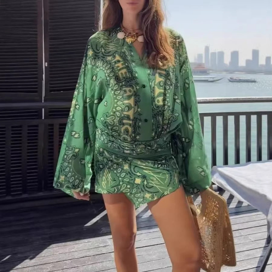 Summer Green Paisley Printed V neck Bell Sleeve Irregular Asymmetric Hem Vacation Dress Women Gemi