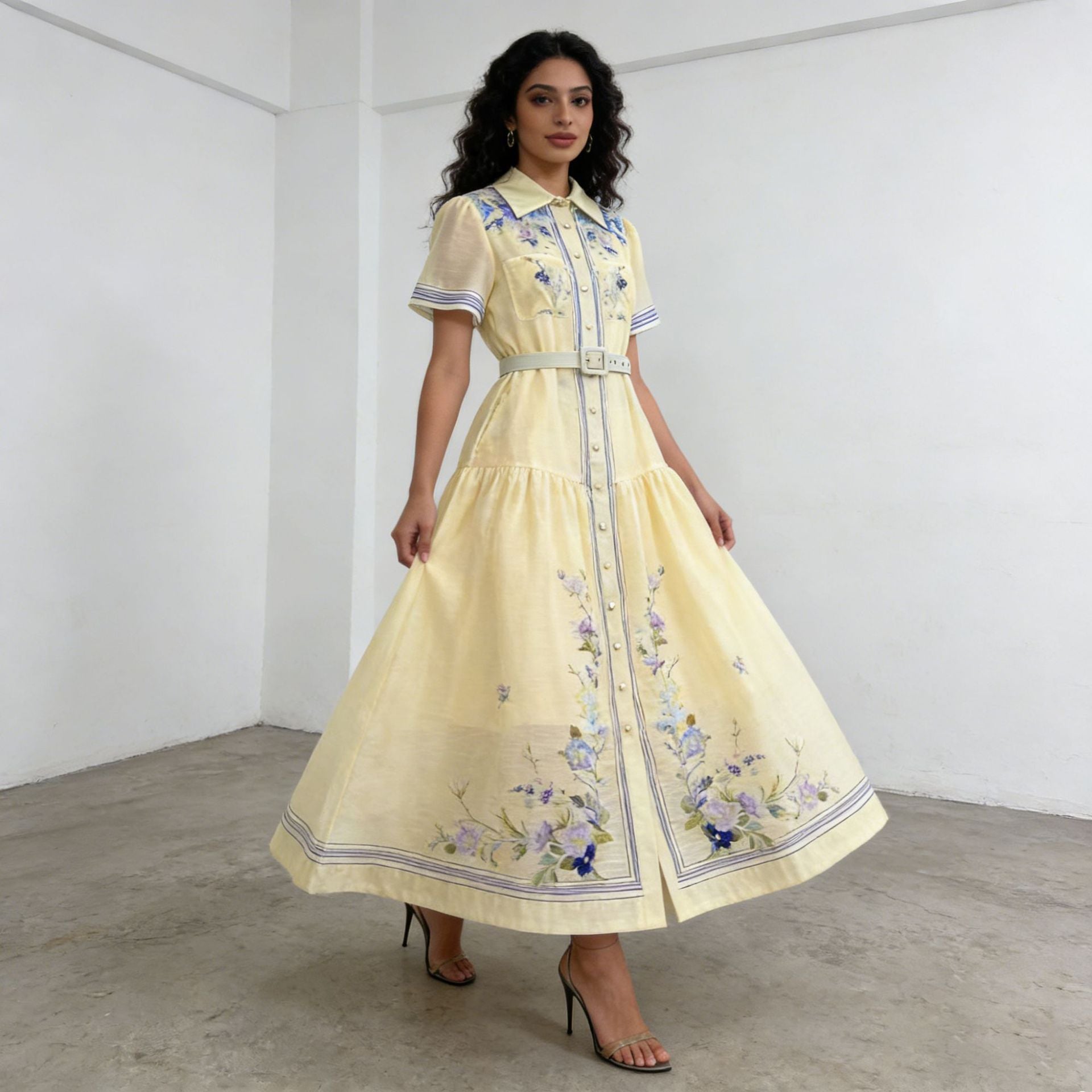 Royal Collared Single Breasted Maxi Dress Elegant Vintage Print Lace up Waist Dress Women Ory