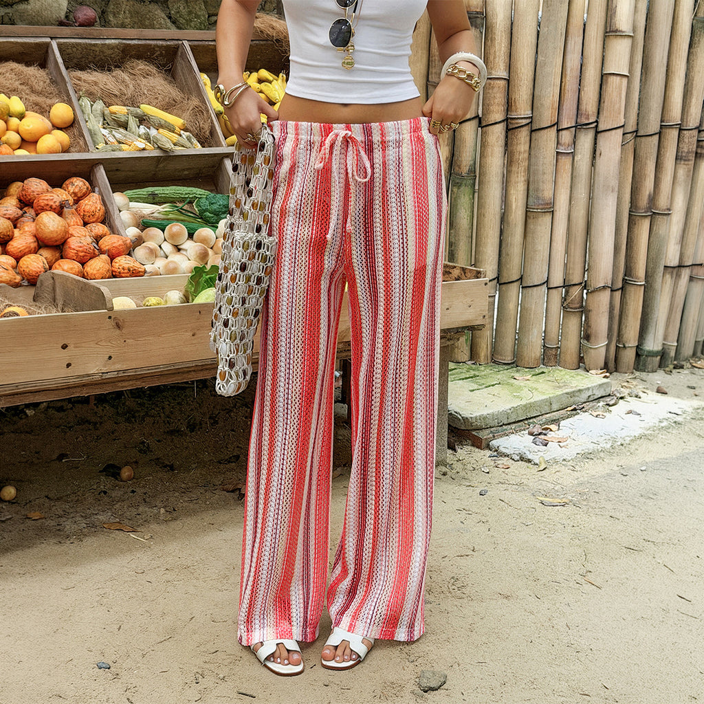 Women Clothing Summer Bohemian High Waist Drawstring Striped Hollow Out Cutout Wide Leg Pants Dee