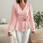 Elegant Office Tight Waist V neck Three Dimensional Printed Shirt Top Women Jeme