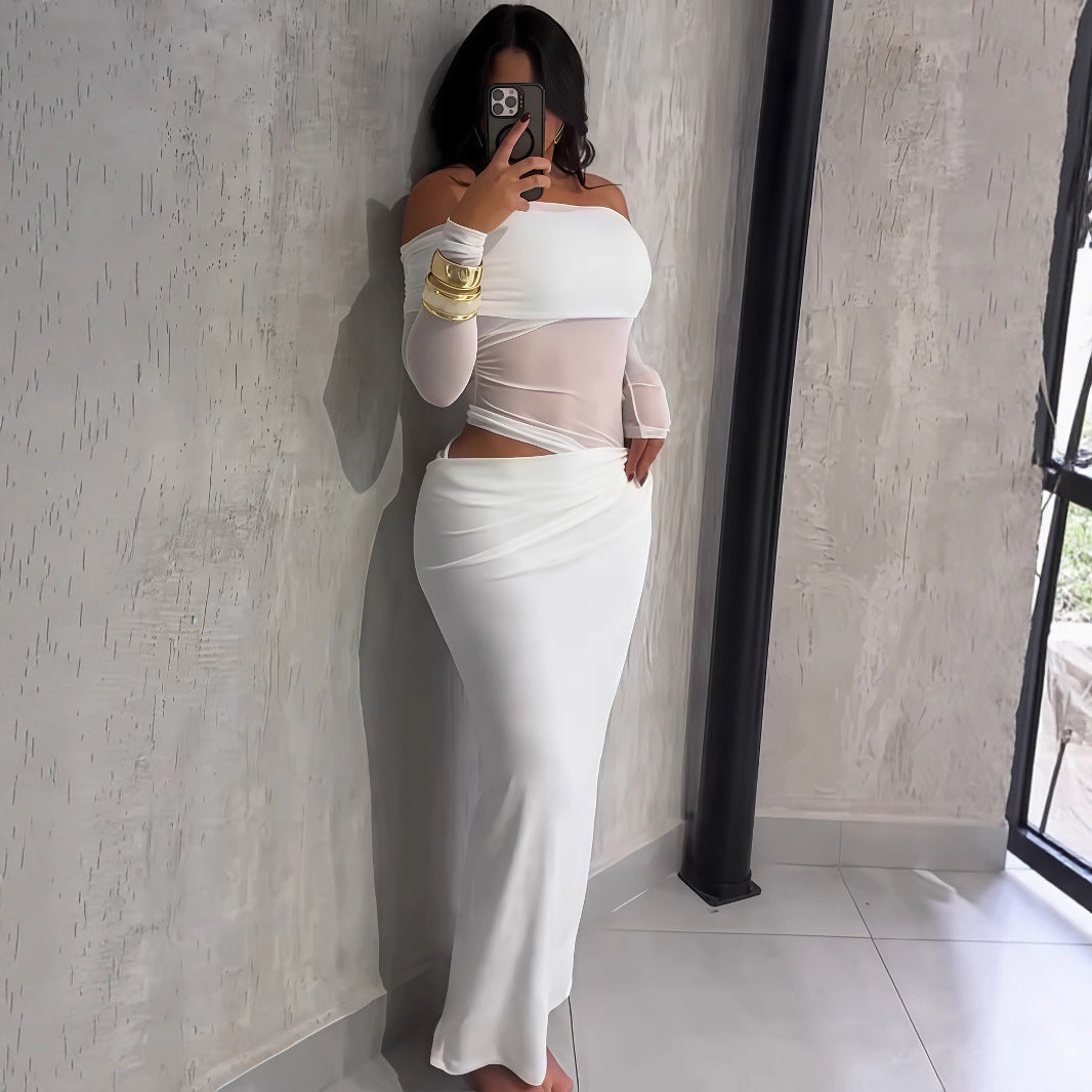 Vestido largo de verano para mujer, sexy, con costuras de malla, corte ajustado, top de tubo, manga larga