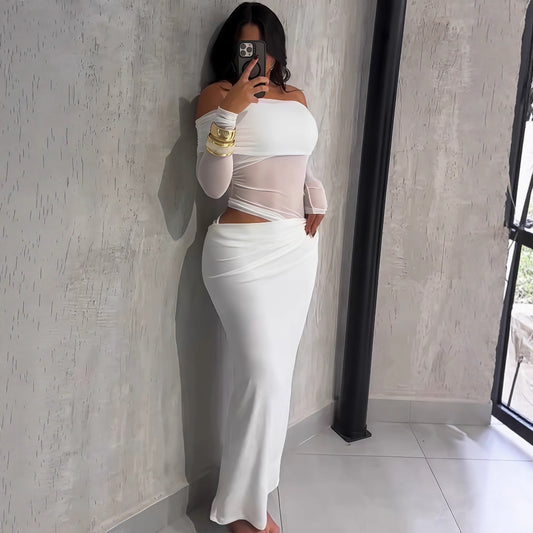 Summer Women Maxi Dress Sexy Mesh Stitching Slim Fit Tube Top Long Sleeve Dress