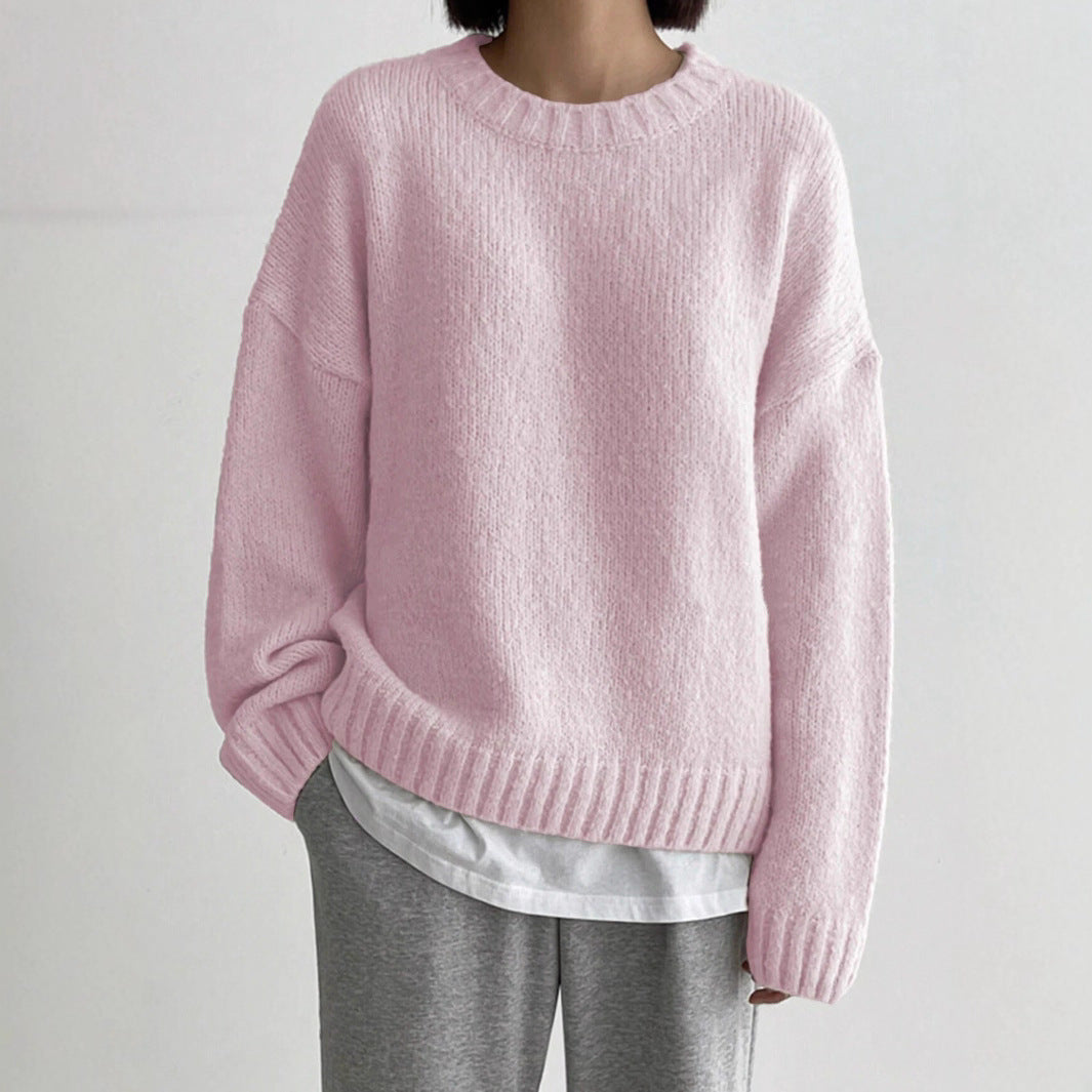 Pull à manches longues en maille épaisse unie, col rond, couleur unie, style décontracté, idéal pour toutes les occasions, automne-hiver.