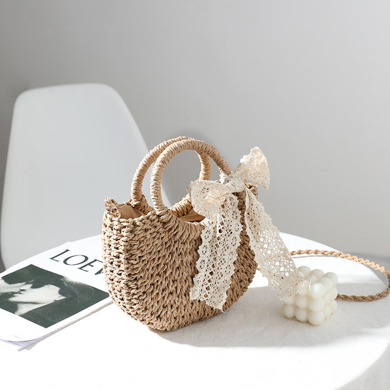 Bolso bandolera pequeño para mujer, tejido a mano con lazo de encaje, bandolera portátil de paja tejida 