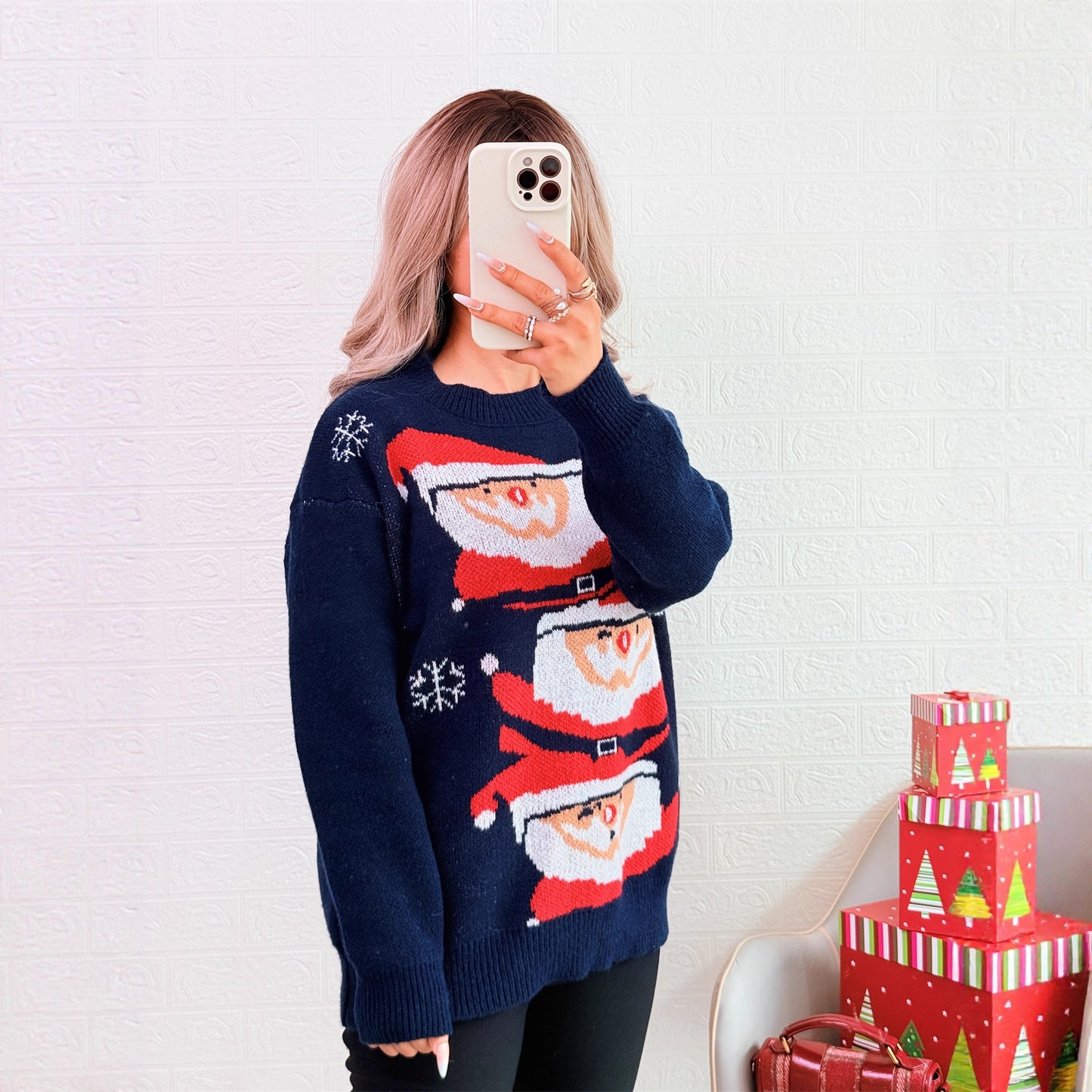Autumn Winter Christmas Contrast Color Casual Knitted Pullover round Neck Santa Claus Sweater for Women