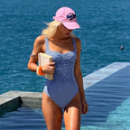 Korean Blue White Plaid Square Collar Pleating One Piece Swimsuit Women Two Piece Set Spring Vacation Swimsuit Set ShineRealm